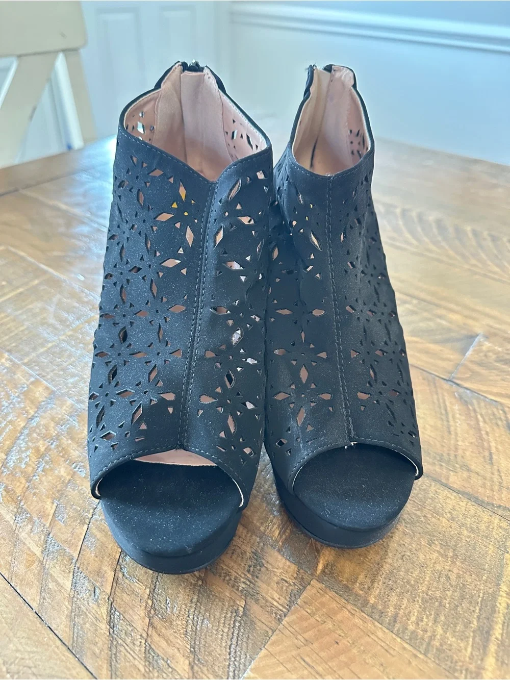 Classic Black Laser-Cut Peep-Toe Heels